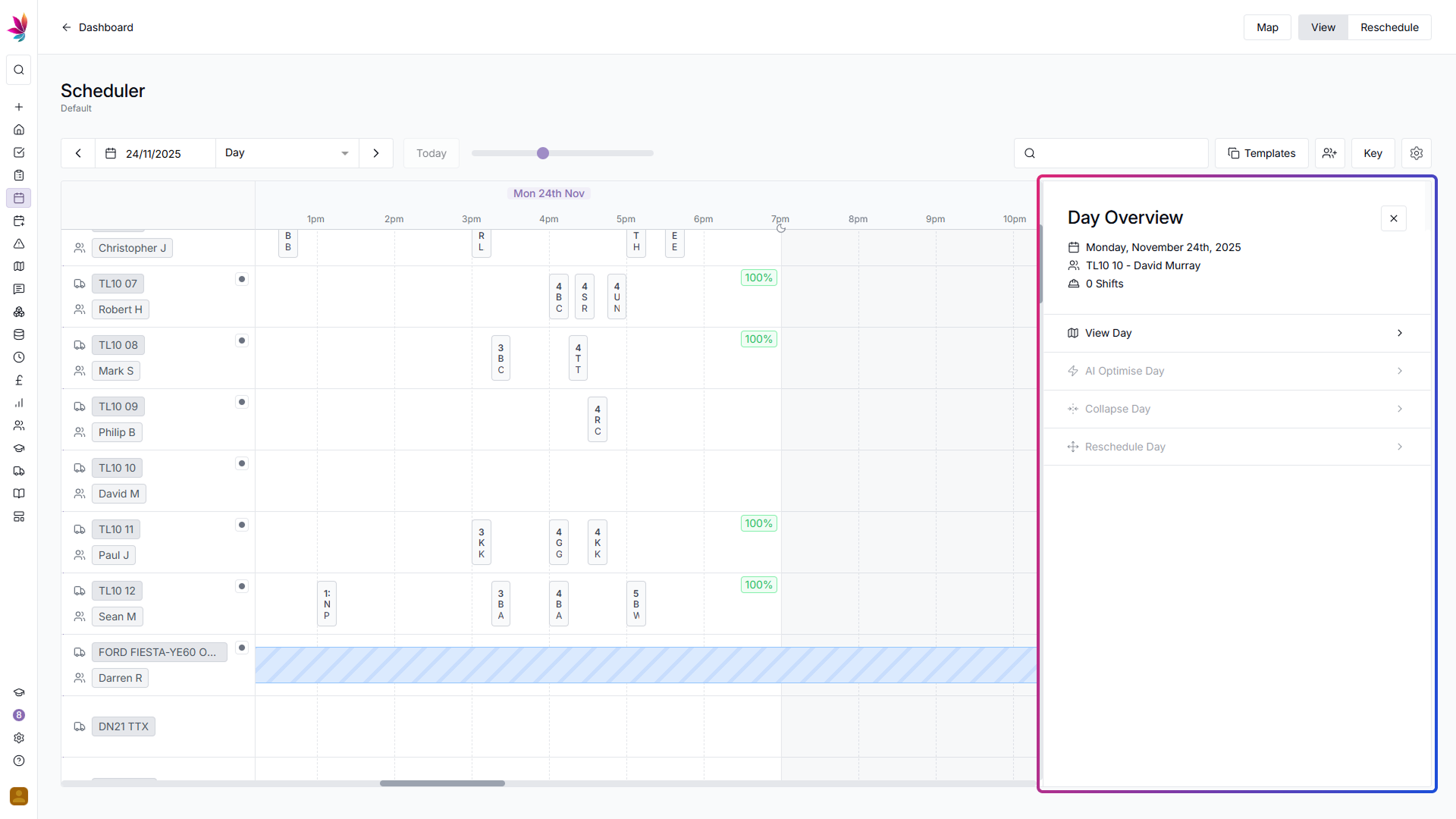 A screenshot of Teamleaf 10 showing the Empty Aside now shown when an empty scheduler row is clicked